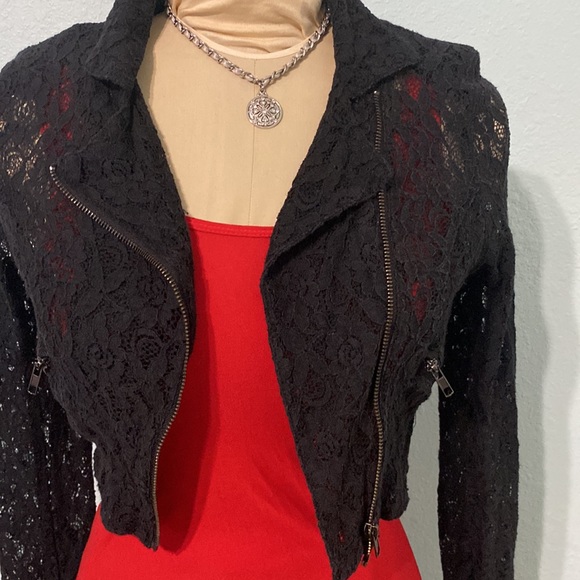 Vintage Black sheer Lace crop Biker style jacket size M - Picture 2 of 12